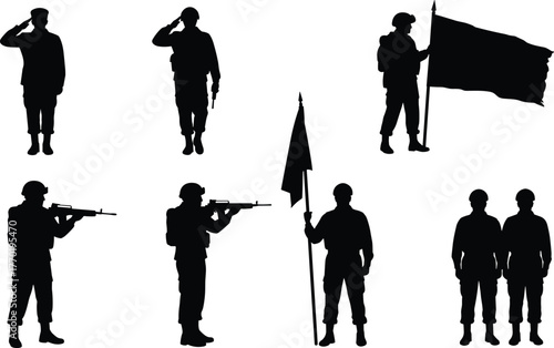 Military soldier silhouettes saluting, holding flags, and aiming rifles, army teamwork, patriotic troops, military formation, armed forces concept art