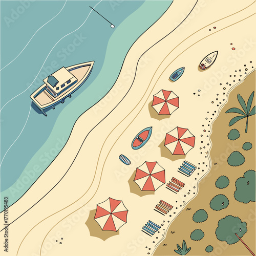 Overhead beach view blue ocean sandy shore motorboat small boat seven striped umbrellas and a red lifebuoy