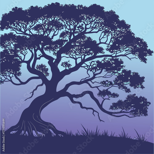 Vibrant blue graphic illustration of a large old tree with intricate branches and a lush canopy in a tranquil landscape