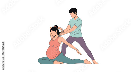 Caring partner supports pregnant woman through yoga, promoting wellness and healthy lifestyle, illustrating prenatal exercise and family bonding moments