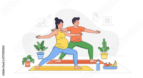Expecting couple finds balance and wellness together through prenatal yoga, promoting health and fitness during pregnancy, a loving and supportive family moment