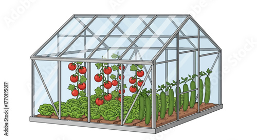 Greenhouse with vegetables growing, tomato plants and cucumbers in a glass structure