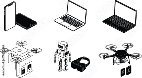 Modern technology gadget collection, smartphone, laptop, drone, robot, and VR headset illustration, digital innovation concept, futuristic tech design elements