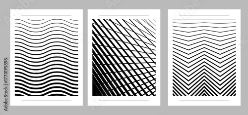 Abstract geometric pattern set for background with line gradient. Set modernism art trendy posters. Fade background collection for background with line gradient. Black and white cover vector template