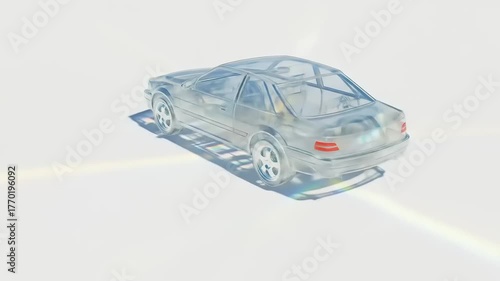 Crystal Car 3D Model Animation on White Background with Light Effects, Automobile Design