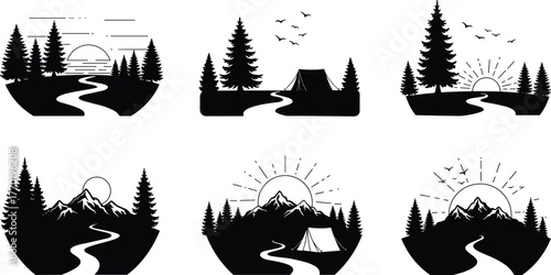 Mountain landscape silhouettes, forest sunset, camping tent illustration, outdoor adventure vector, nature scenery design