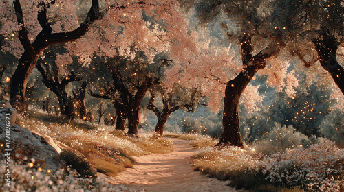 Explore a magical spring landscape filled with blooming cherry blossom trees and soft glowing lights along a tranquil path