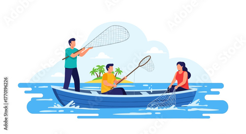People Fishing with Nets in a Boat on the Water Illustration