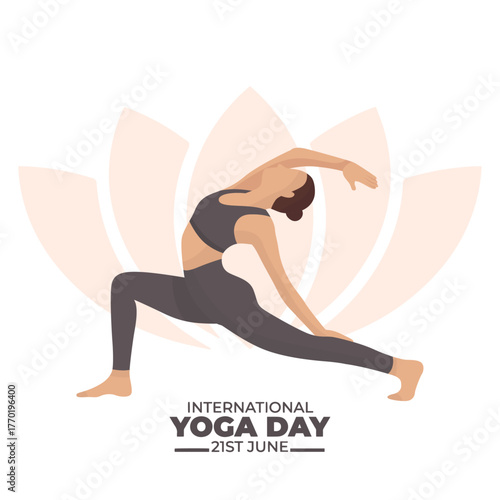 International yoga day girl in slim sport suit practicing yoga lotus flower in background