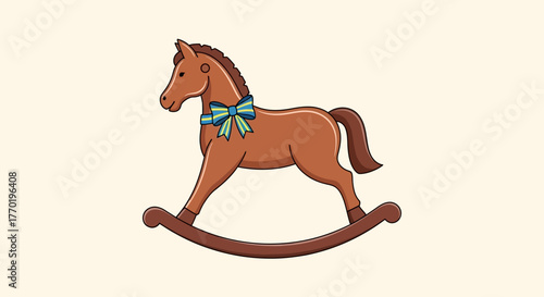 Cheerful classic rocking horse illustration, adorned with a vibrant bow, capturing the essence of childhood play and timeless whimsical joy for design