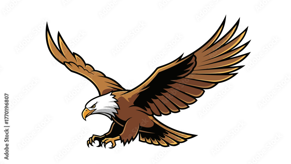Obraz premium A cartoon bald eagle in flight with outstretched wings and talons