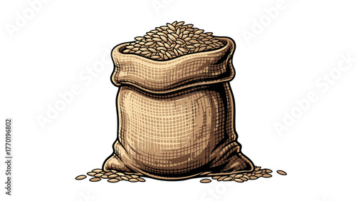 A burlap sack overflowing with grains with some scattered on the ground