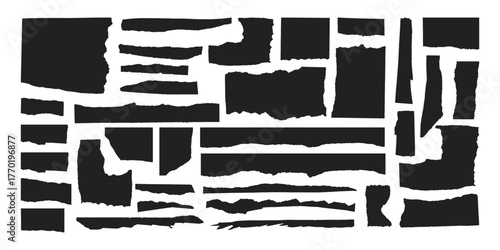 Jagged edge torn paper piece collage grunge cut out shapes vector illustration. Ripped paper abstract frame shape text box template collection.