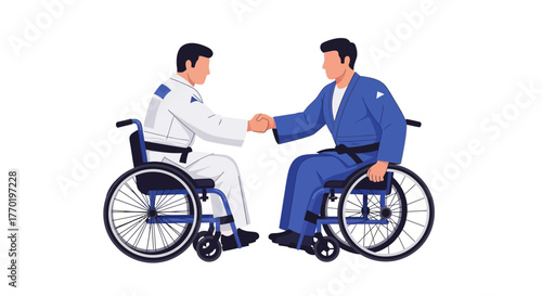 Illustrating determination and unity, two adaptive athletes in wheelchairs dressed in martial arts gis shake hands, symbolizing an inclusive and competitive spirit
