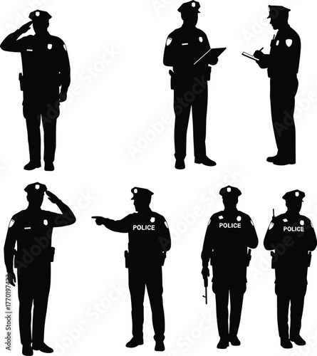 Police officer silhouettes, law enforcement, uniformed officers saluting, writing reports, authority figures, security force illustration, public safety, police duty concept art
