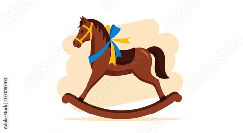 Charming classic wooden rocking horse toy with decorative blue and yellow ribbon, perfect for children's play and vintage nursery decor