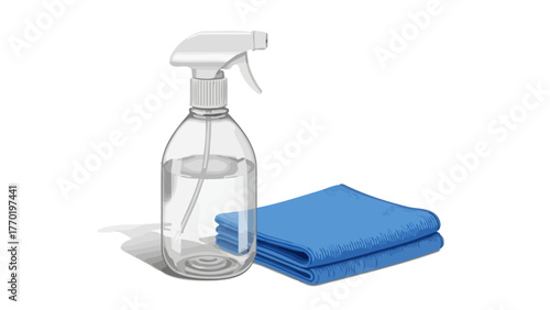A clear spray bottle filled with liquid next to a stack of blue cloths
