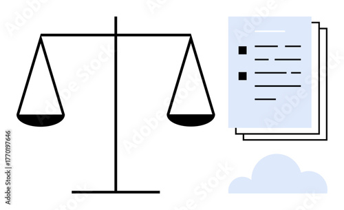 Scales balanced beside documents suggesting fairness, legal processes, and compliance. Ideal for law, justice, equality, ethics, legal services decision-making and business compliance. Simple flat
