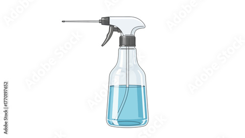 A clear plastic spray bottle filled with light blue liquid