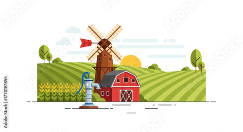 Picturesque rural farm landscape illustration with a classic red barn, old windmill, and water pump in rolling green fields at sunrise