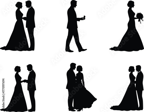 Romantic couple silhouette, marriage proposal, engagement ring, wedding bouquet, bride and groom, love illustration, romantic moment, black and white vector