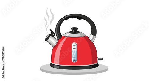 Red electric kettle with steam rising, symbolizing hot beverages and kitchen convenience