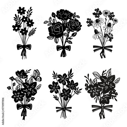 Bouquet of White Flowers silhouette on black background. Set of Vector Illustration.