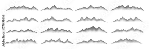 Grain noise stippled mountain range ridges terrain texture landscape vector illustration set. Grunge pointillism mountain range stipple landscape halftone effect shape sand texture.