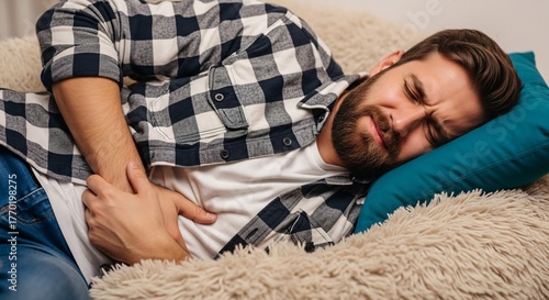Upset Stomach And Abdominal Pain Depicted In A Stock Image Of A Man Suffering From The Side Effects Of Food Poisoning Or Irritable Bowel Syndrome Feeling Agonizing Pain
