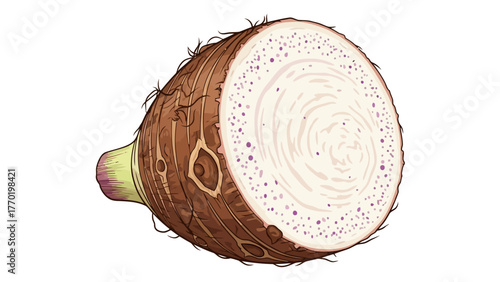 A crosssection of a taro root with brown skin and purple speckled flesh