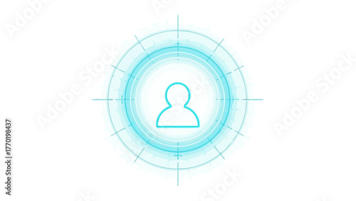 A cyan outline of a person within concentric circles and crosshairs