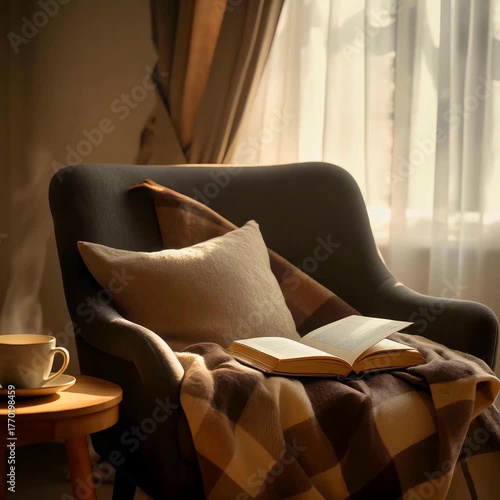 Cozy armchair with an open book and cup of coffee by the window  