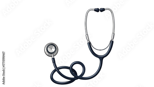 A dark blue stethoscope with silver accents is coiled on a white background