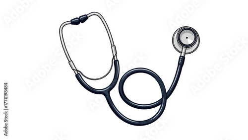 A dark blue stethoscope with silver accents is displayed on a white background