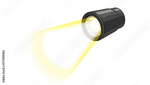 A dark flashlight shines a bright yellow beam on a white background