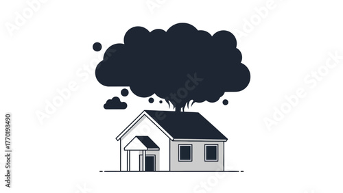 A dark cloud emerges from the roof of a house