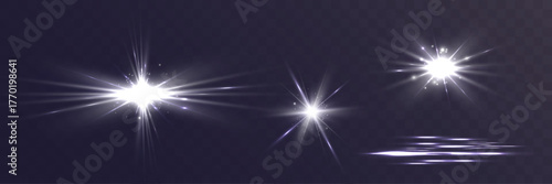 White glowing star light flares set on dark transparent background, bright shining sparkle bursts collection, abstract glowing flash effect design.
