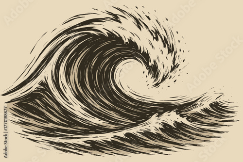 Vector stylized sketch showing inkwave ink illustration spray rolling dynamic rough surf