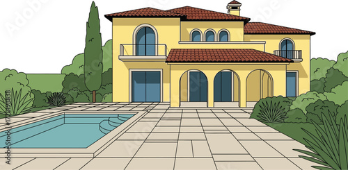Luxury villa with pool cartoon illustration mediterranean style