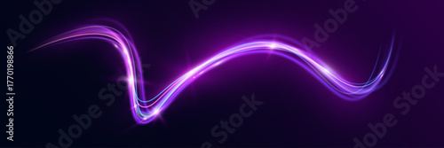 Neon glowing curved wave light trails on dark background, purple and blue luminous motion lines, futuristic abstract energy flow design.