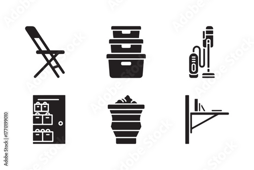 Minimalist icons set for tight space solutions: folding chair, stackable bins, vacuum cleaner, fridge with shelves, laundry basket, wall shelf — perfect for UI/UX, interior design and home organizatio