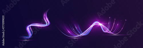 Neon glowing curved wave light trails on dark background, purple and blue luminous motion lines, futuristic abstract energy flow design.
