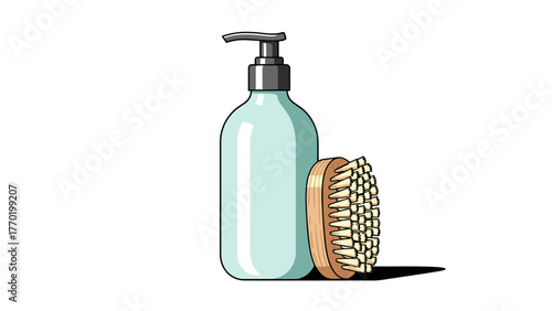 A light blue pump bottle stands beside a wooden brush