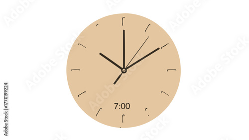 A light brown clock face with black hands indicating 700