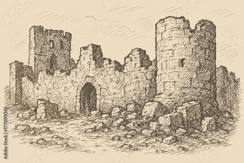 Sketch illustration ruined suggested fortress rough ruins textures vector fragmented stone crosshatching