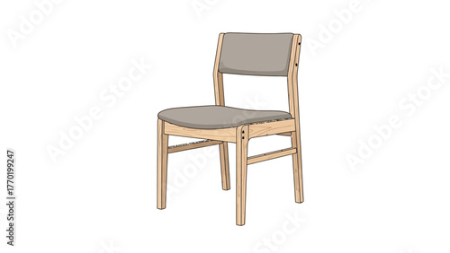 A lightcolored wooden chair with a grey upholstered seat and back