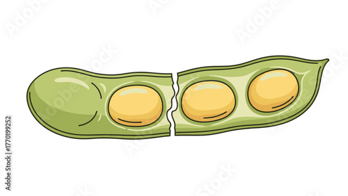 A light green pea pod split in half showing three yellow peas
