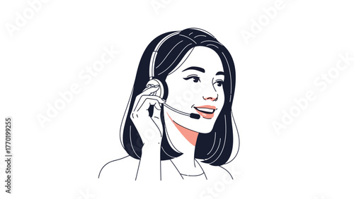 A line drawing of a woman wearing a headset and speaking