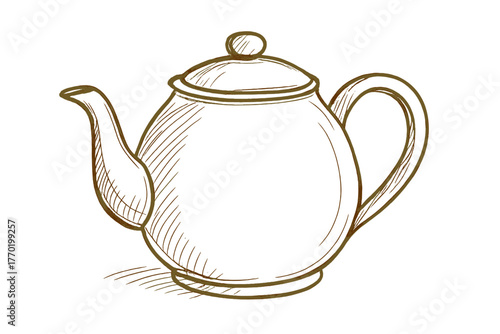 Illustration vector hand outline drawn shading spout curved rough lines dimension teapot