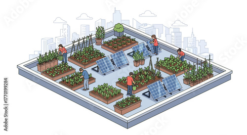 Rooftop Garden with Solar Panels and Cityscape